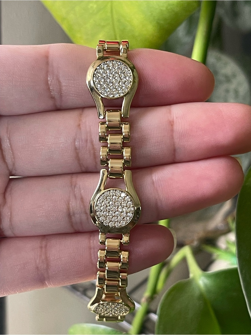 Gold Tone Crystal Link Bracelet - Pave Circle Accents